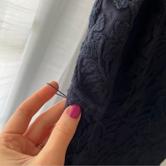 Adrianna‎ Papell Navy Blue Lacey Midi Dress - Cap Sleeves, Boat Neck, Flared Hem - Picture 10 of 12